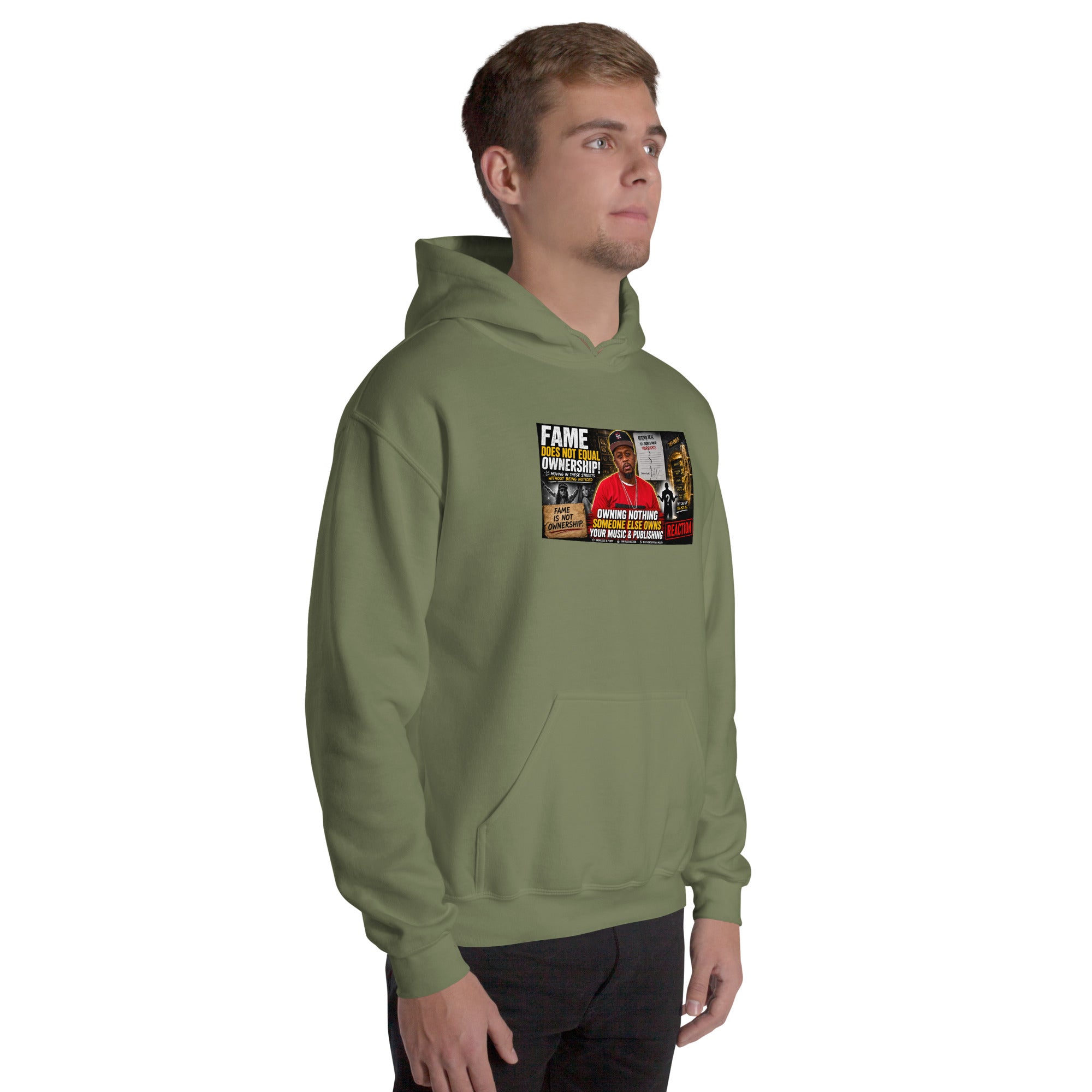 Military green unisex pullover hoodie, front graphic print and kangaroo pocket