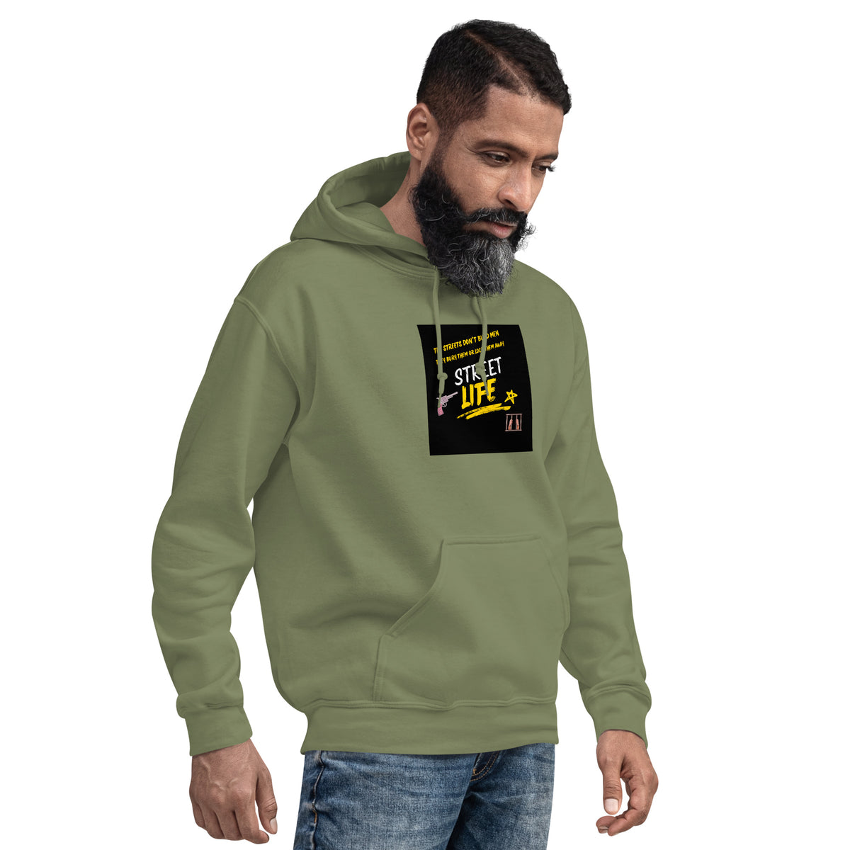 Olive green pullover hoodie with hood drawstrings, kangaroo pocket, and square front graphic logo.