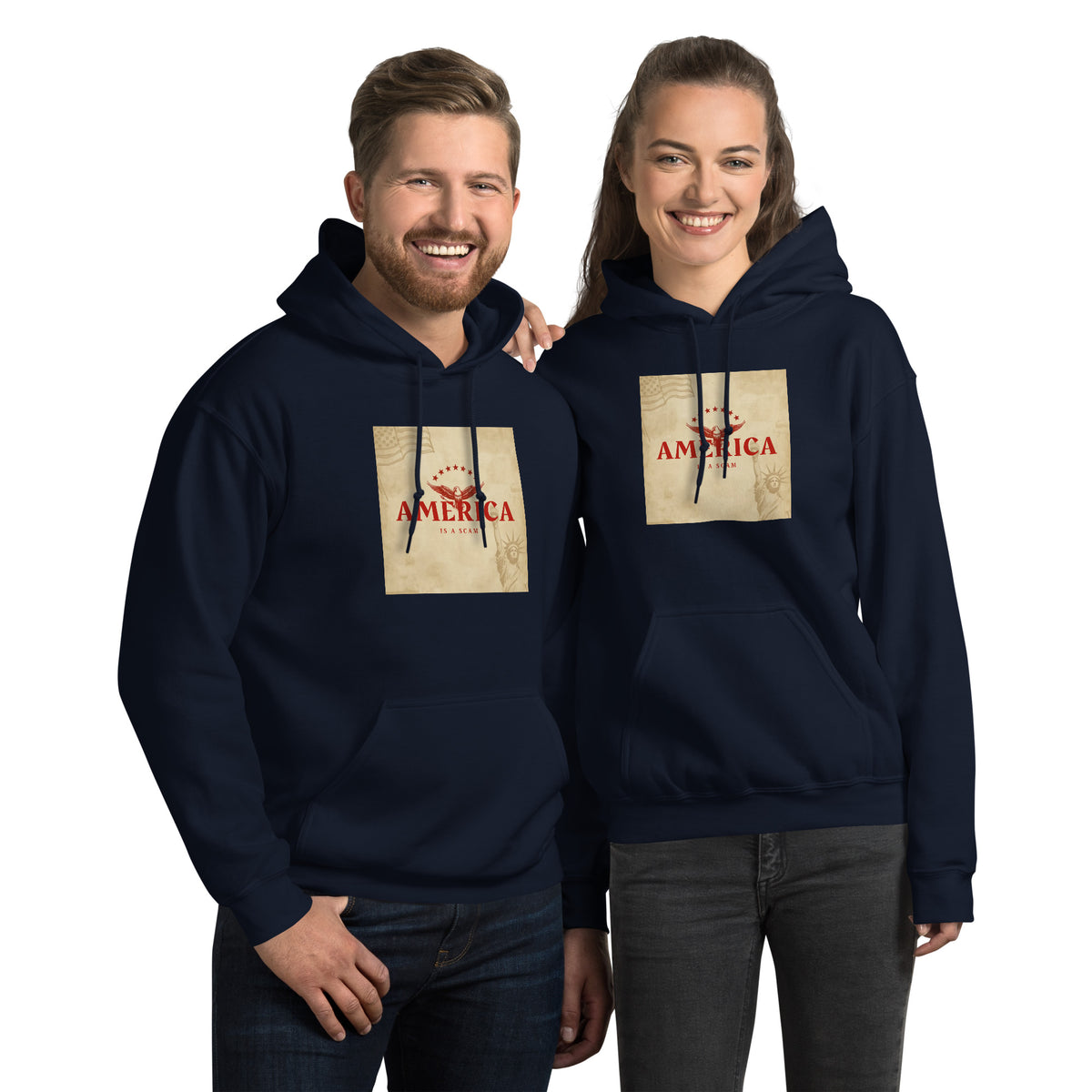 Unisex navy streetwear hoodie with front “AMERICA” graphic print, kangaroo pocket.