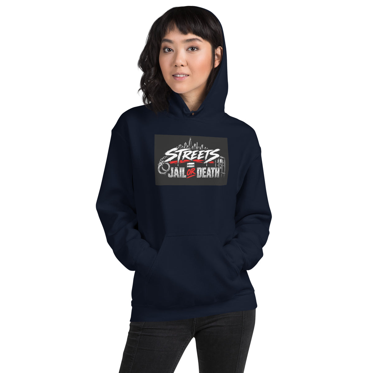 Navy unisex hoodie with front hood and centered Streets graphic print