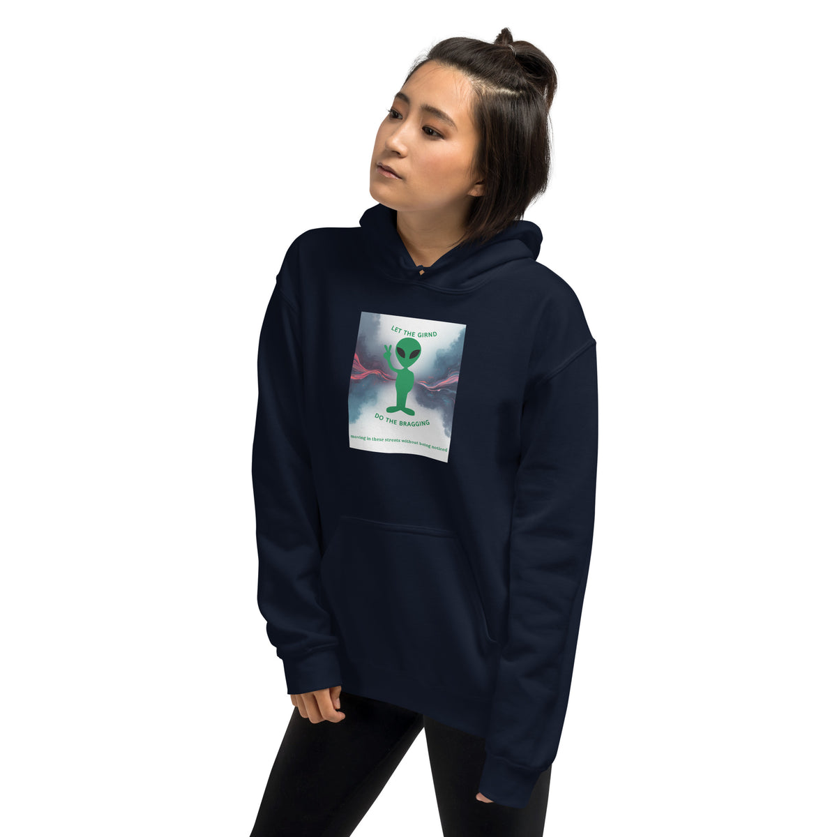 Navy pullover hoodie with hood and front pocket, front view with chest graphic print.