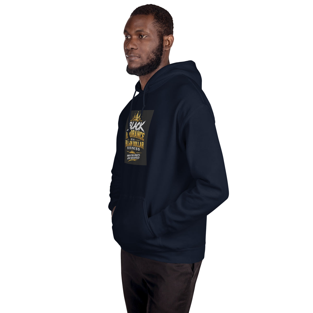Navy unisex pullover hoodie with small chest graphic, side view