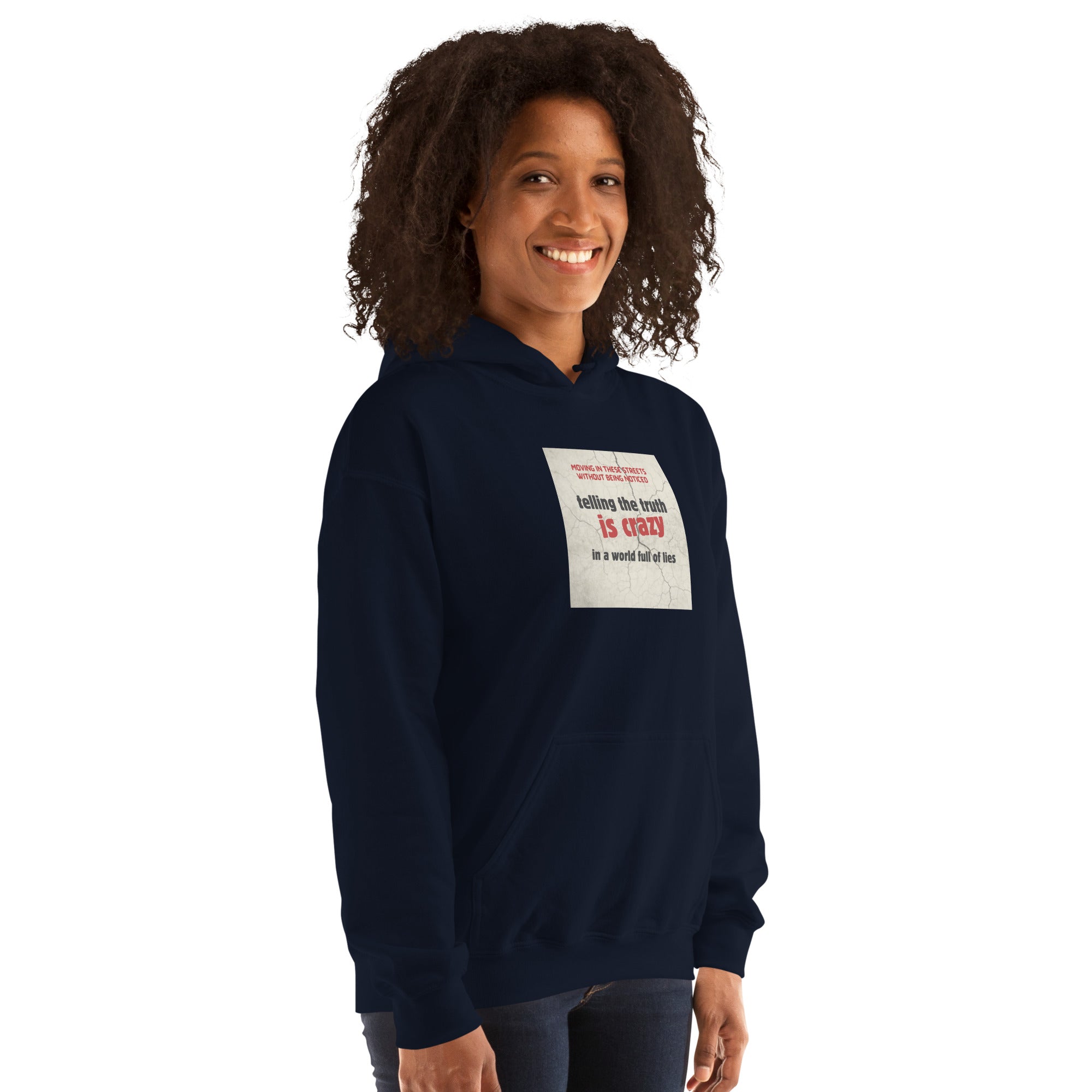 Navy unisex hoodie with hood, kangaroo pocket, and chest logo patch