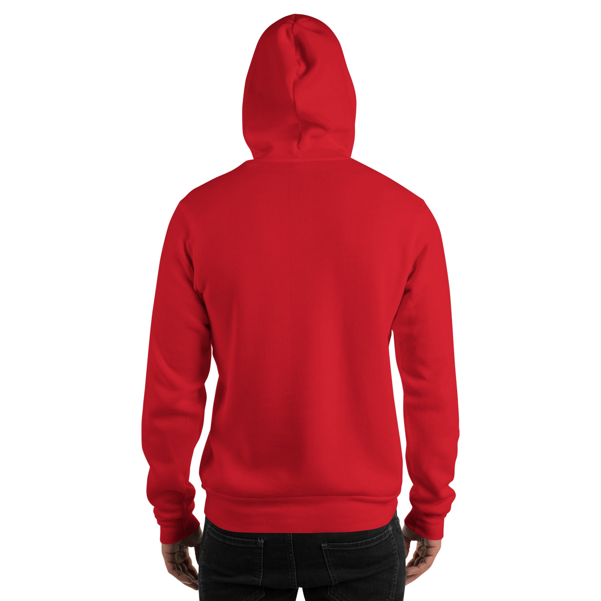 Red unisex hoodie back view with hood and long sleeves