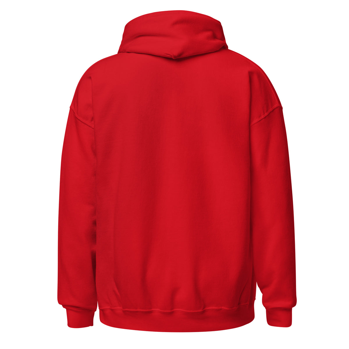 Red unisex pullover hoodie from back view with hood and loose fit