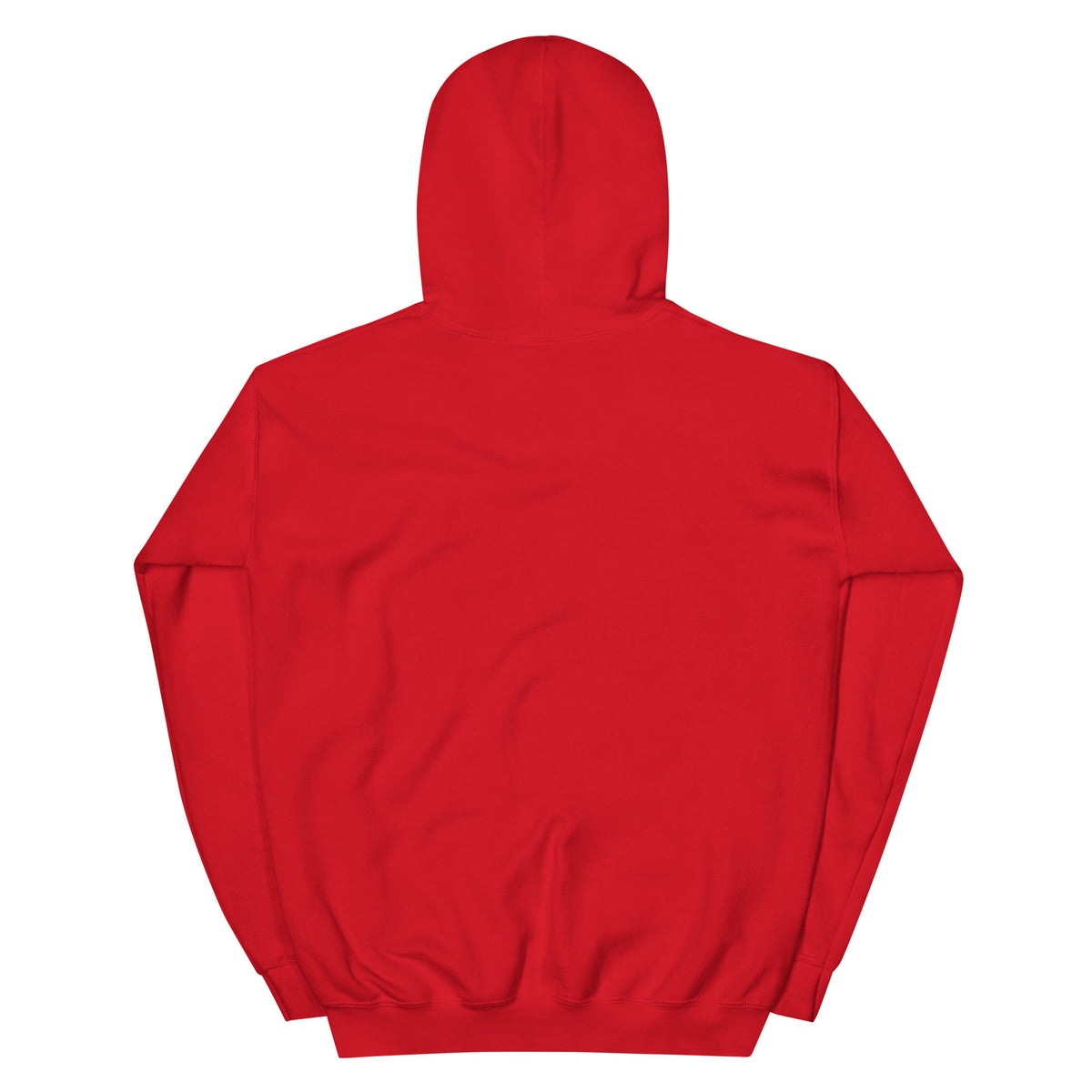 Red unisex pullover hoodie, back view with hood and kangaroo pocket