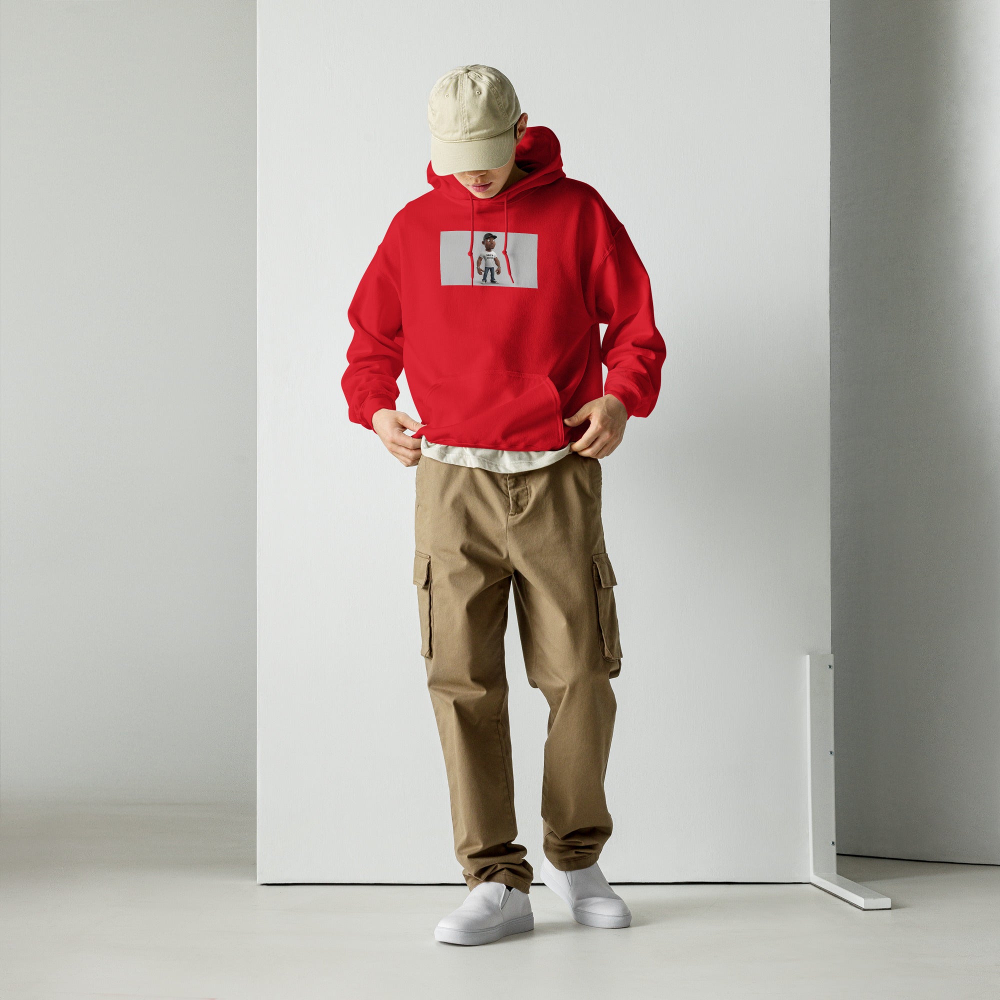Red unisex hoodie with hood and kangaroo pocket, front graphic