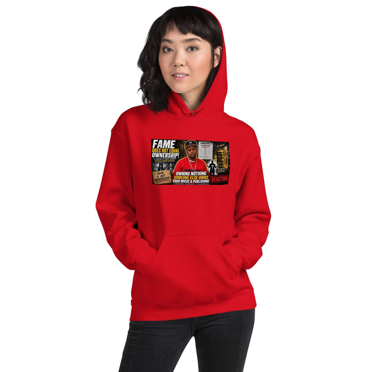 Red pullover hoodie with front graphic print and kangaroo pocket