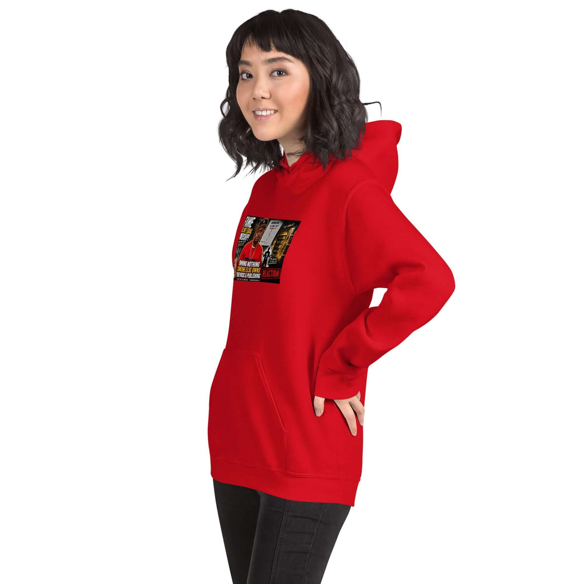 Red pullover hoodie with front graphic print, kangaroo pocket, and drawstring hood.