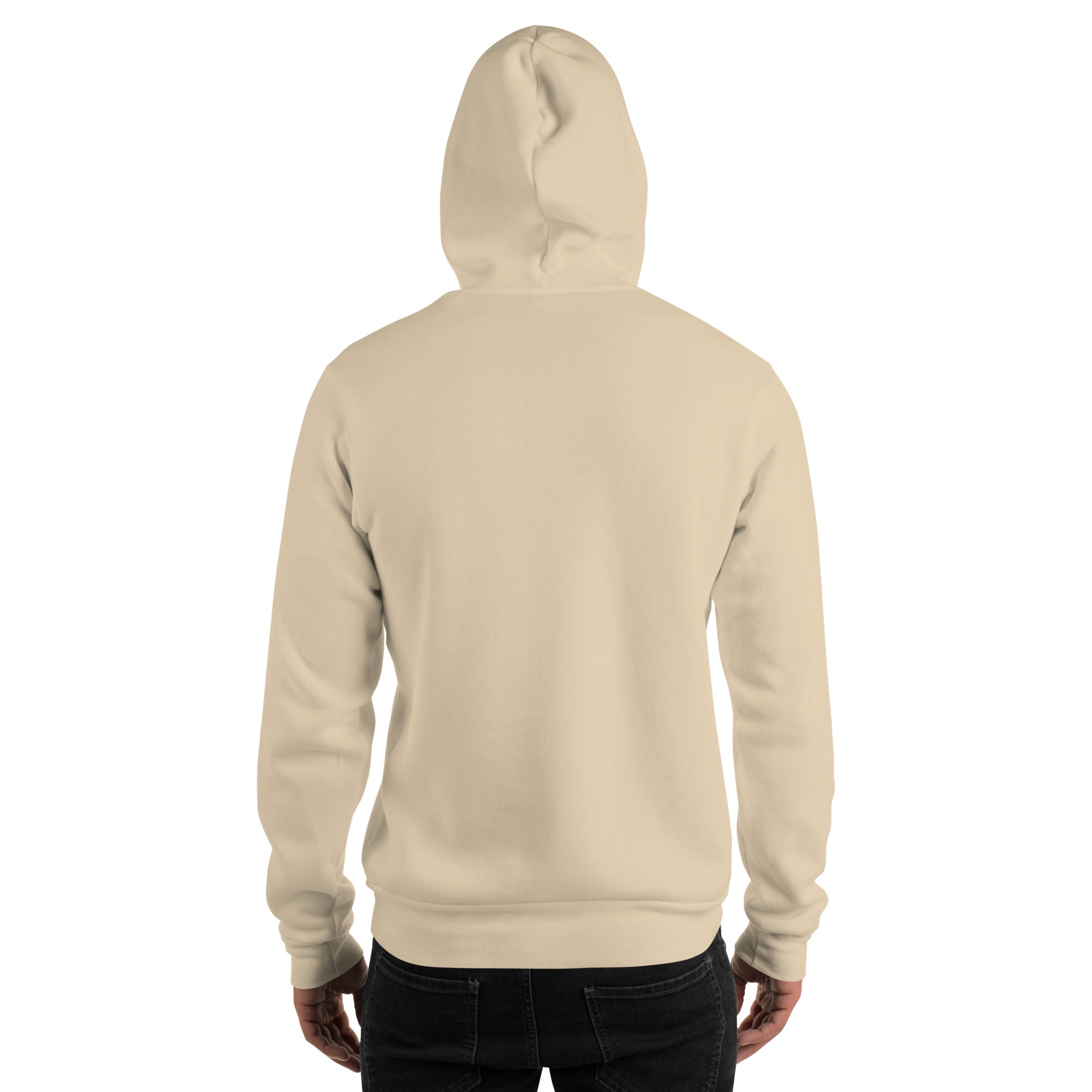Cream unisex hoodie back view with hood and long sleeves