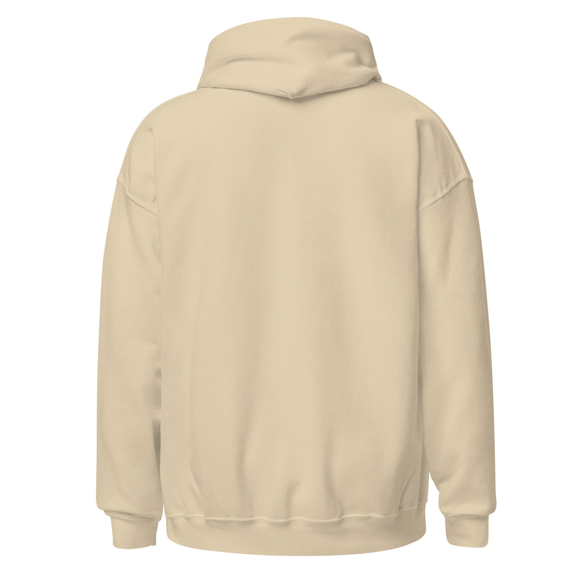 Sand unisex pullover hoodie, back view, kangaroo pocket, drawstring hood.