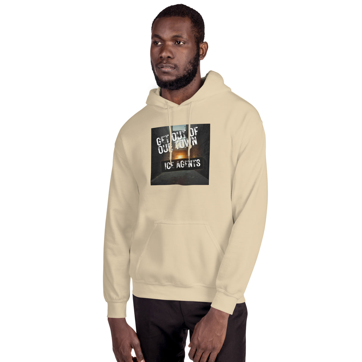 Sand pullover hoodie with hood, front pocket, and black square chest graphic