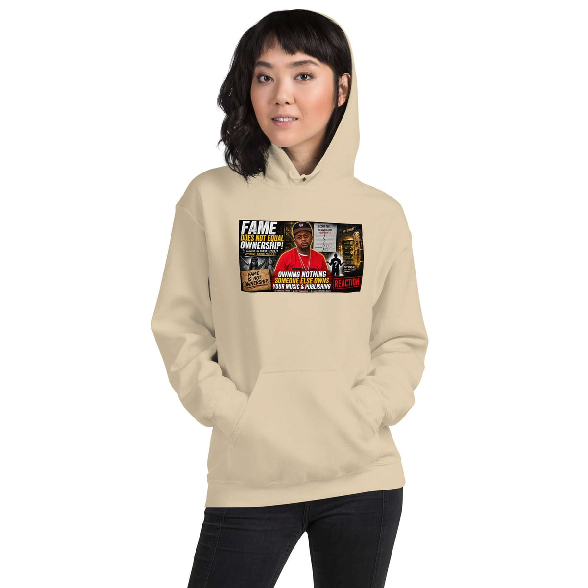 Sand beige unisex streetwear hoodie with front printed graphic and kangaroo pocket