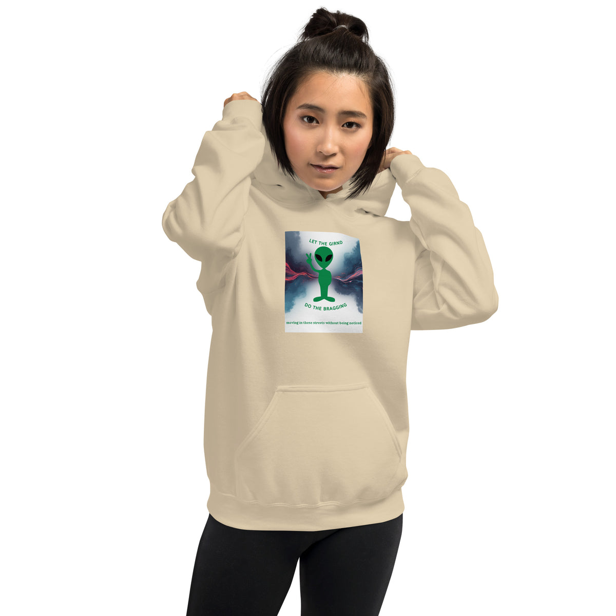 Light sand pullover hoodie with front graphic, hood, and kangaroo pocket