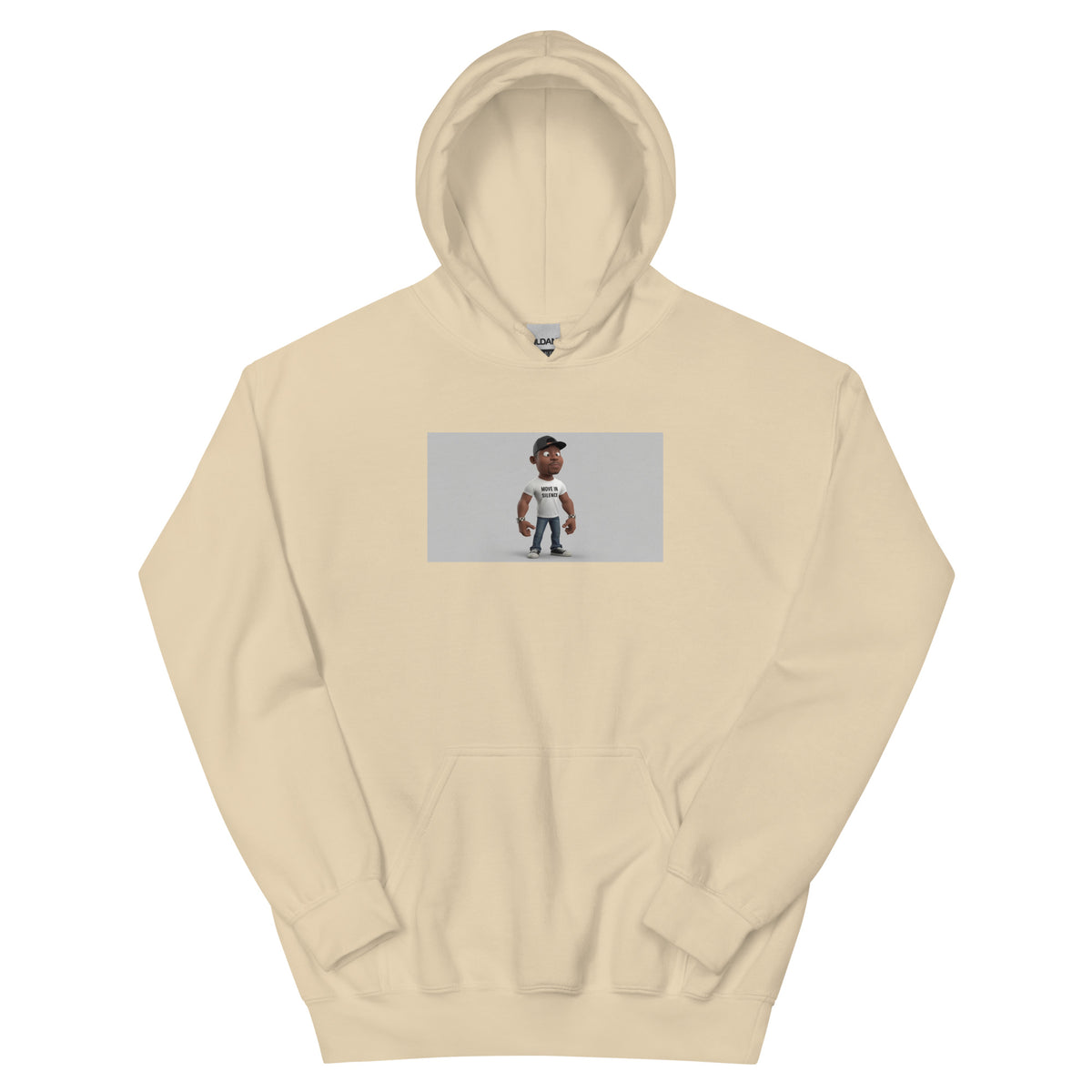 Beige pullover hoodie with front chest graphic and kangaroo pocket