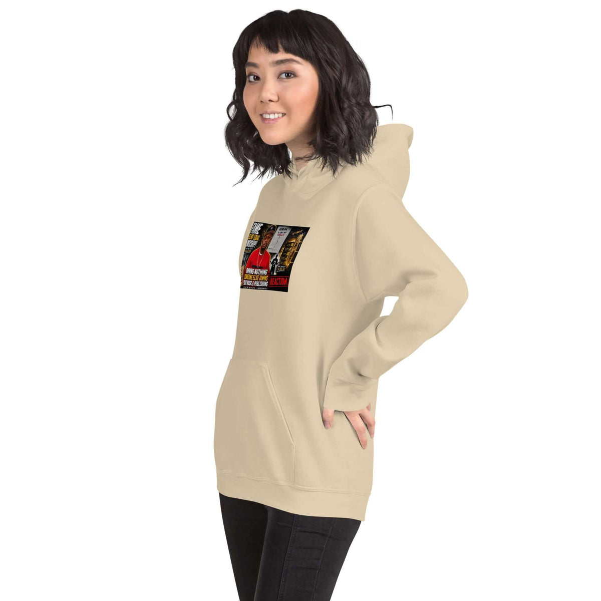 Sand beige unisex streetwear hoodie with chest printed graphic, front side view