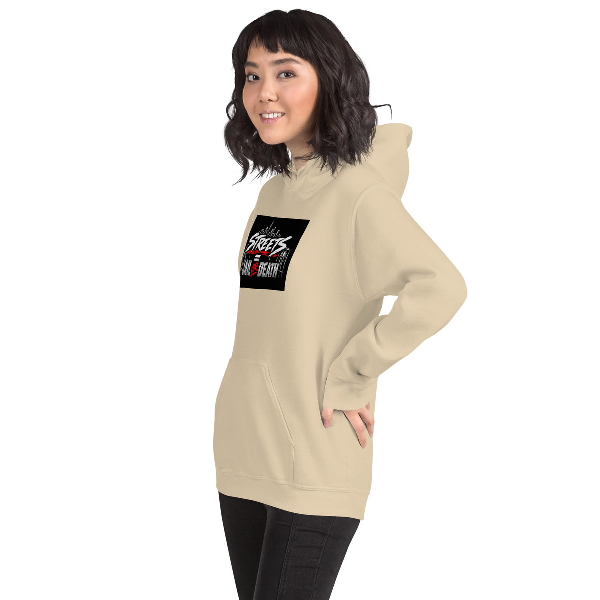 Beige hoodie with hood, front pocket, and chest graphic print, side view.