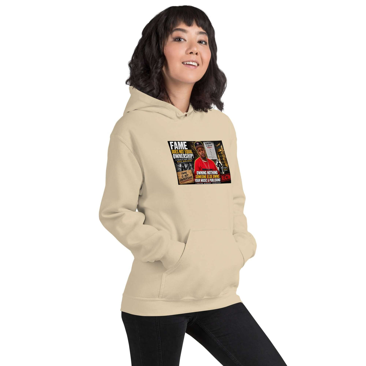 Sand beige unisex streetwear hoodie with centered chest print and front kangaroo pocket