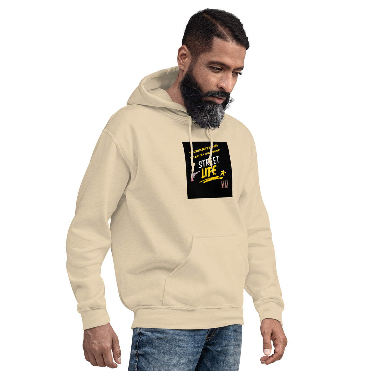 Beige pullover hoodie with front graphic patch, hood, and kangaroo pocket