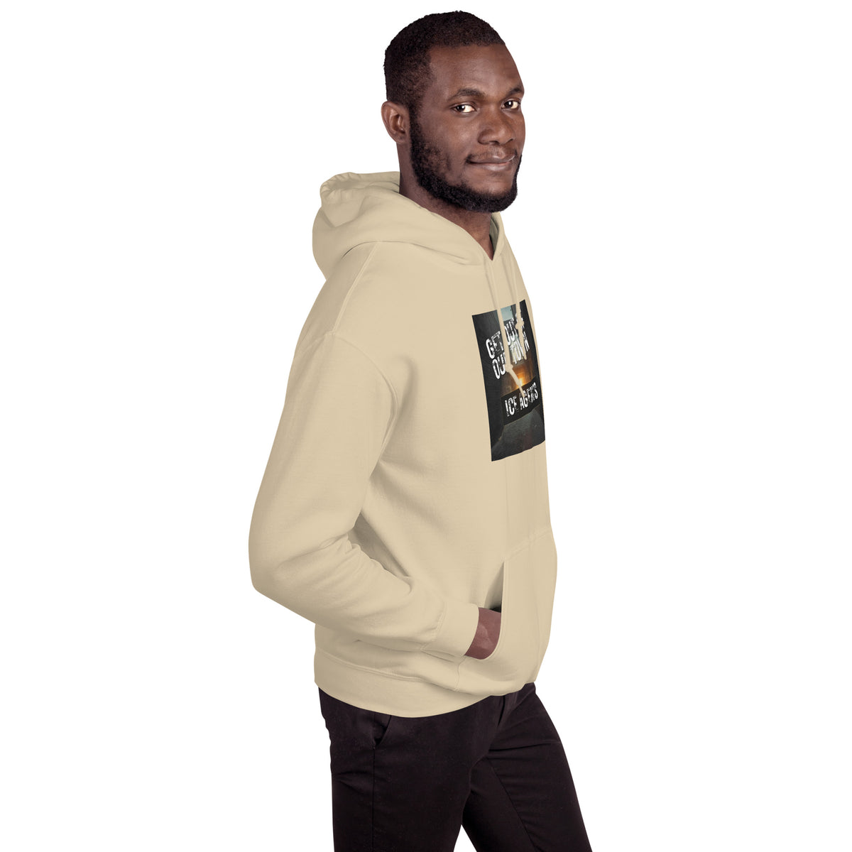 Sand pullover hoodie side profile with hood and black square chest graphic