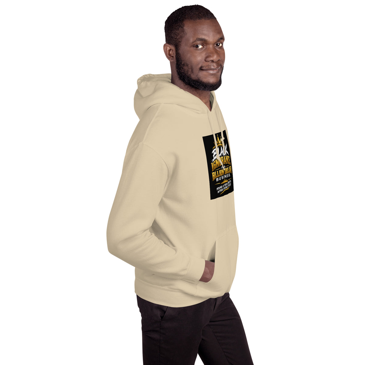 Light beige unisex hoodie angled side view with front graphic panel