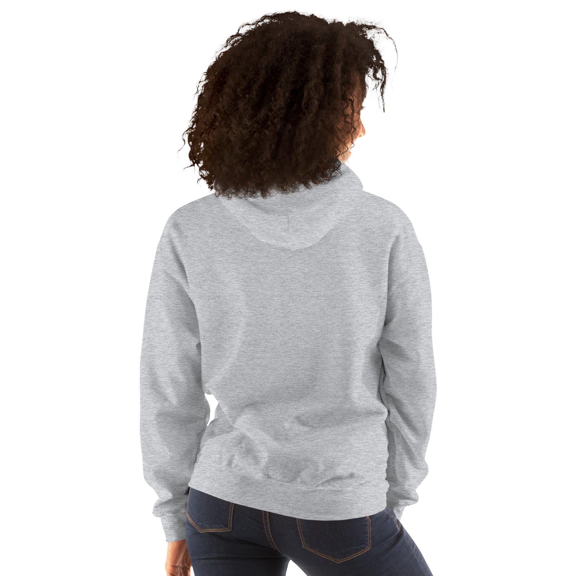 Light gray hoodie back view with hood and kangaroo pocket.