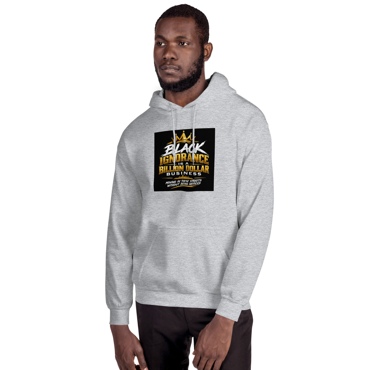 Heather gray unisex pullover hoodie with black front graphic patch