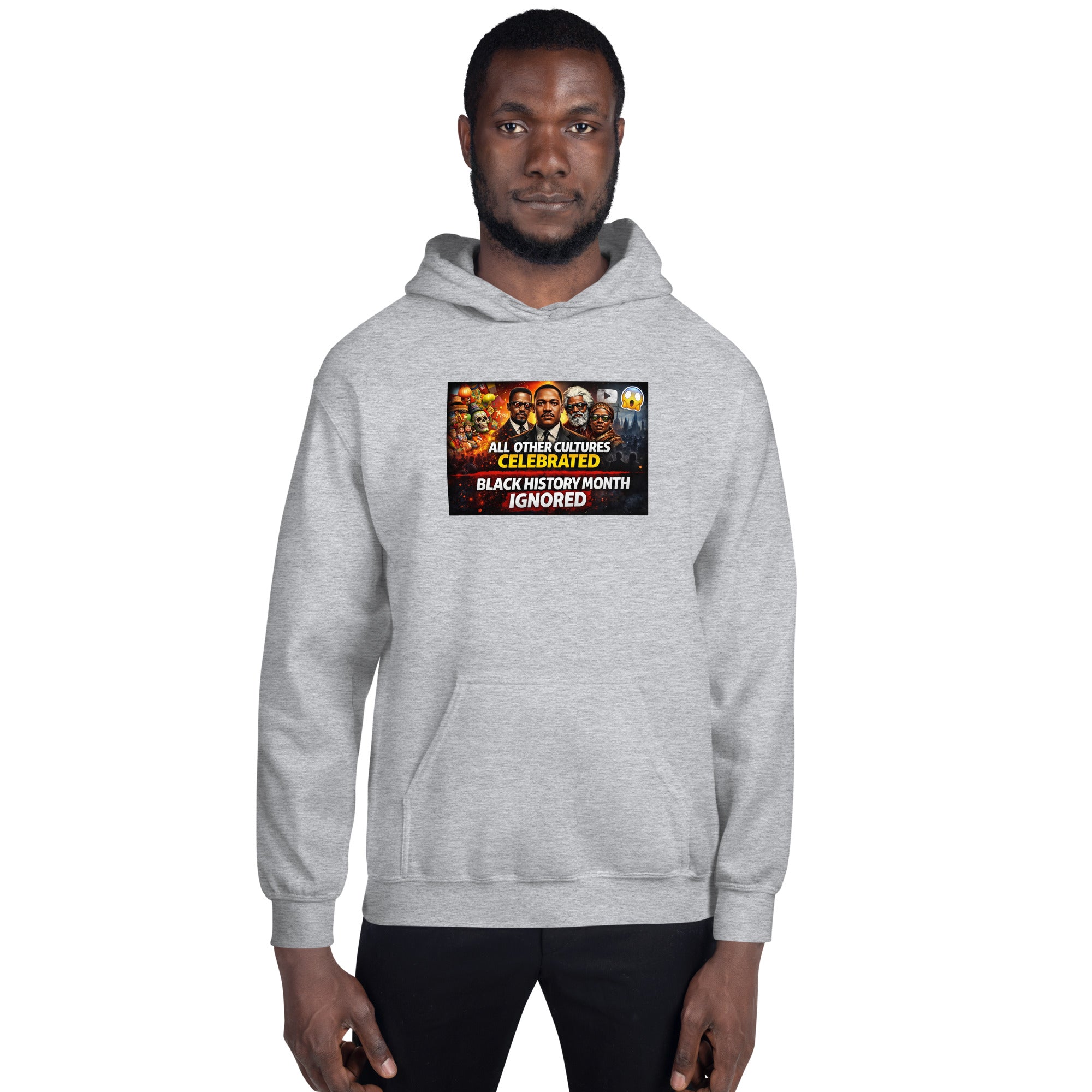 Sport grey hoodie front view with colorful graphic and kangaroo pocket