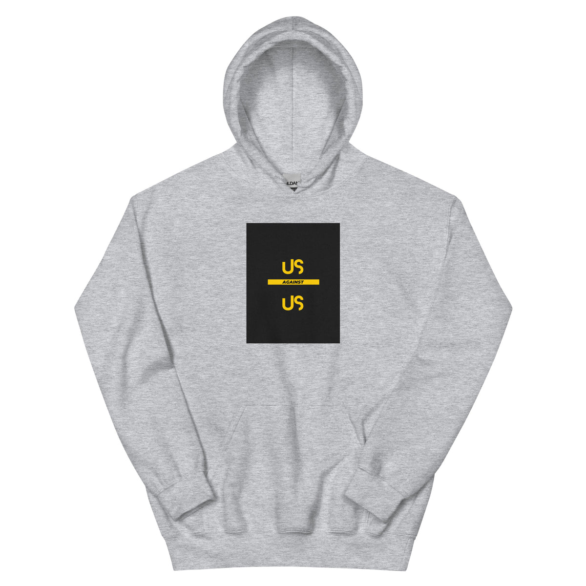 Light gray unisex hoodie with square chest graphic print and front kangaroo pocket