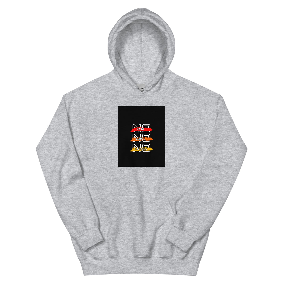 Light gray streetwear hoodie with front chest graphic, pullover hood and kangaroo pocket