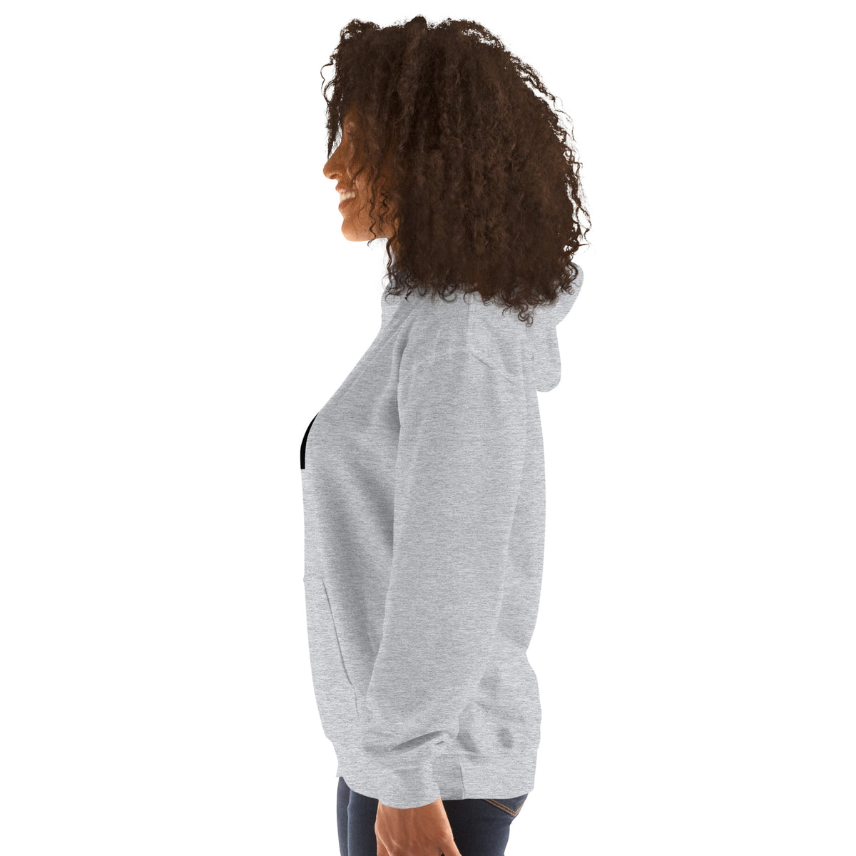 Light gray pullover hoodie side view with drawstring hood
