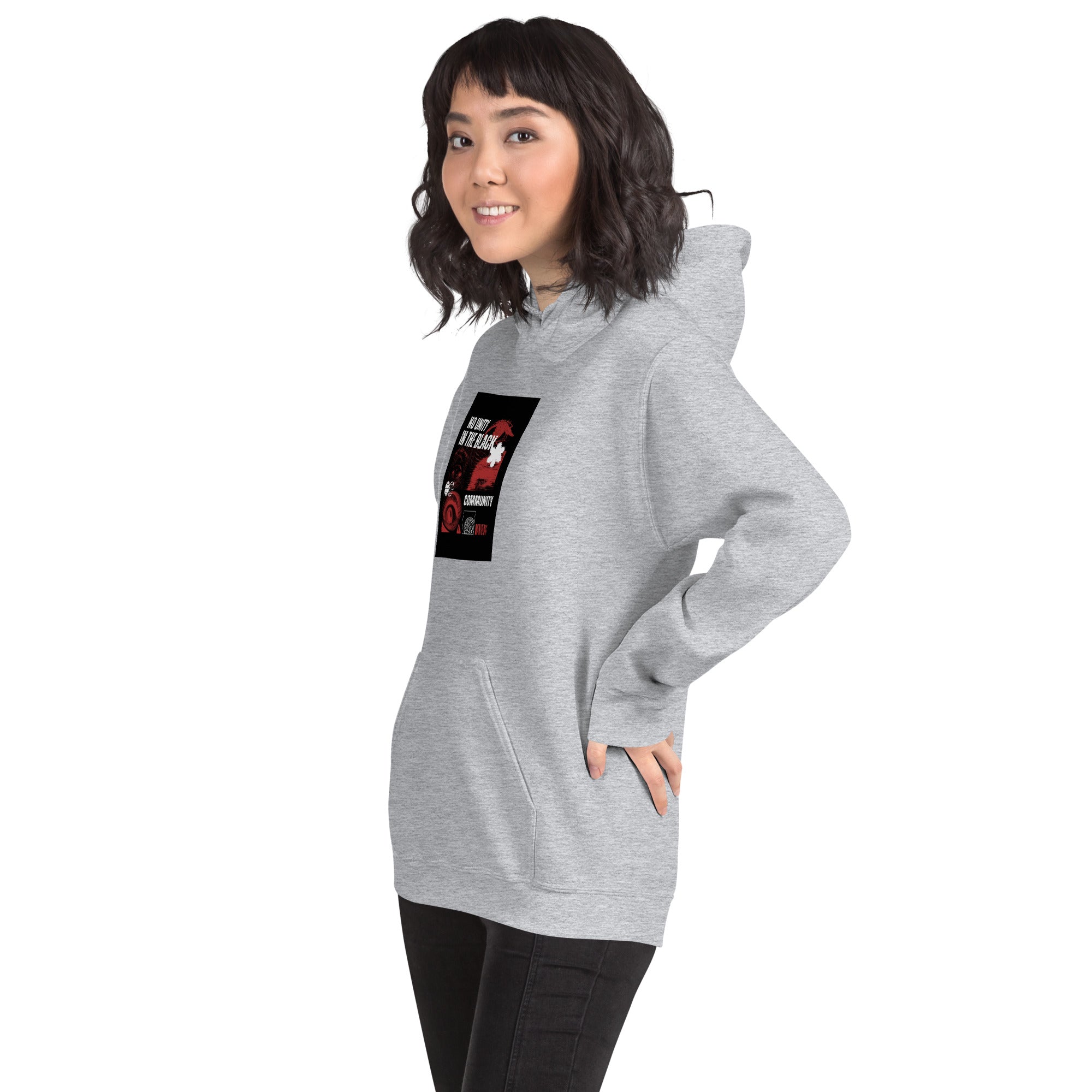 Unisex hoodie in light gray, side view, front logo print and kangaroo pocket