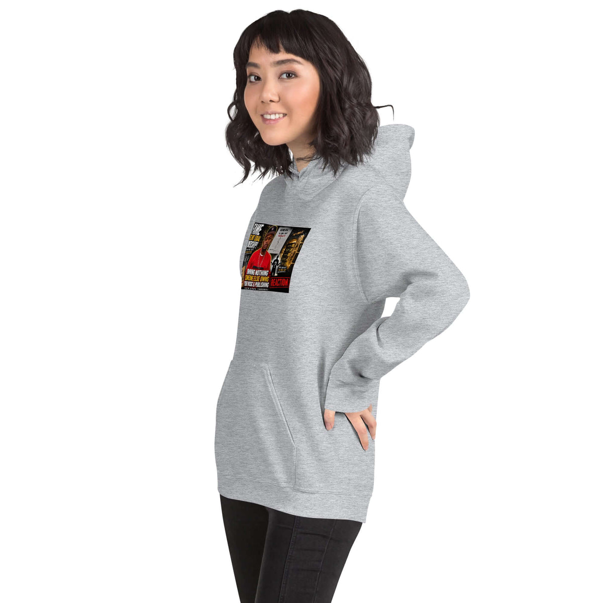 Sport gray pullover hoodie with attached hood, kangaroo pocket, and small front graphic; side view.