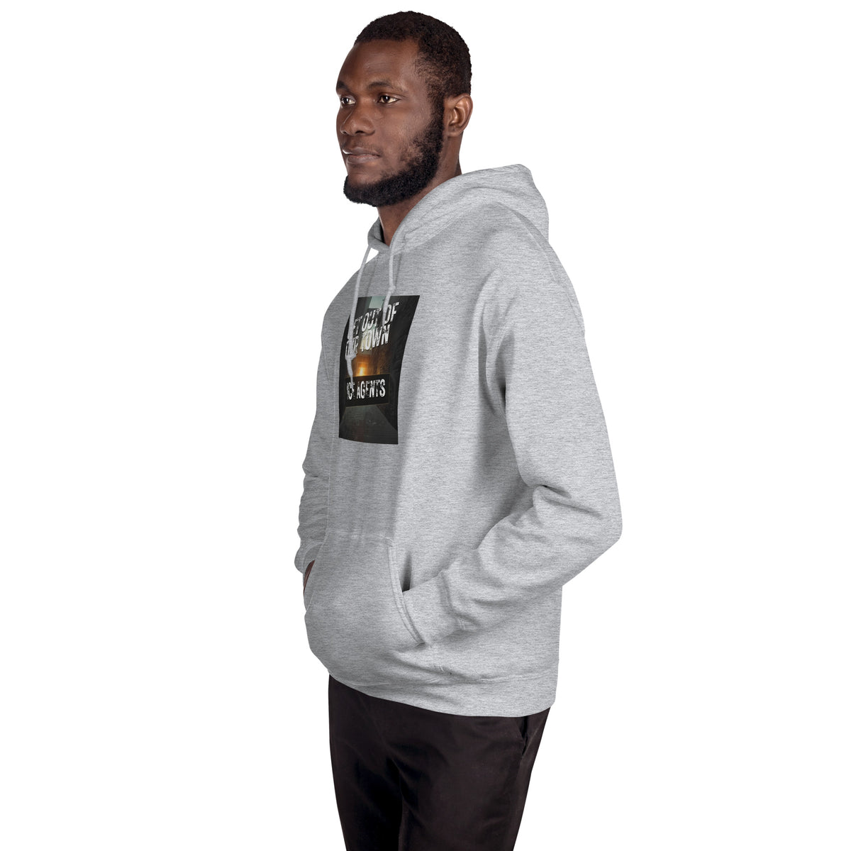 Heather gray pullover hoodie with front square graphic print and kangaroo pocket.