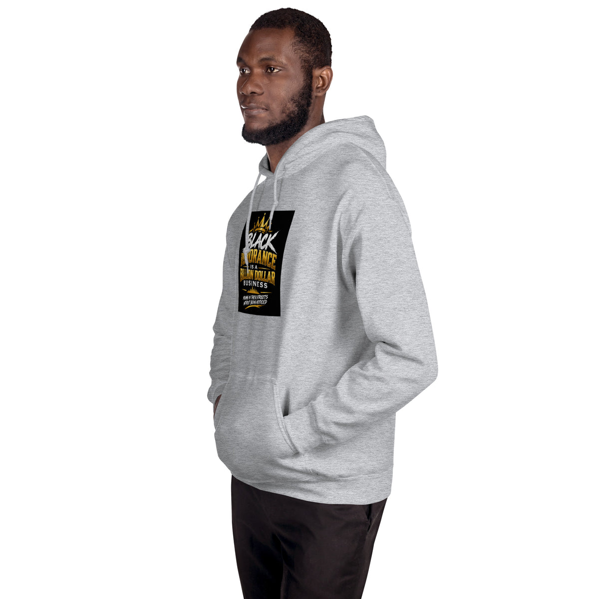 Unisex pullover hoodie in light gray with front pouch pocket and graphic square logo