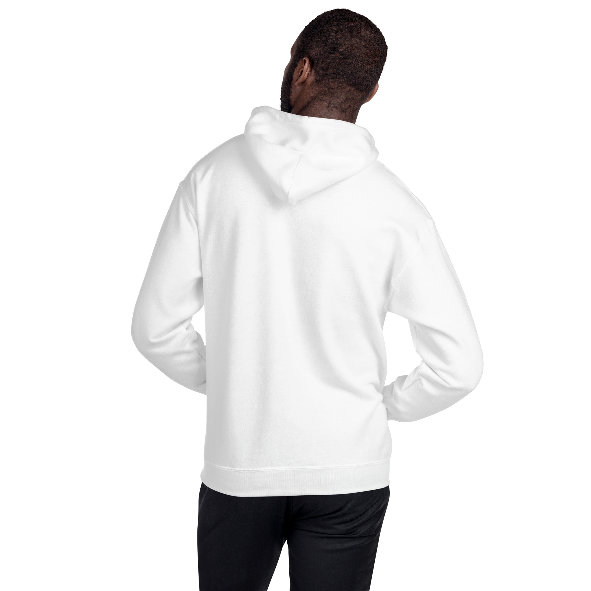White unisex hoodie, back view with hood and ribbed cuffs and hem detail