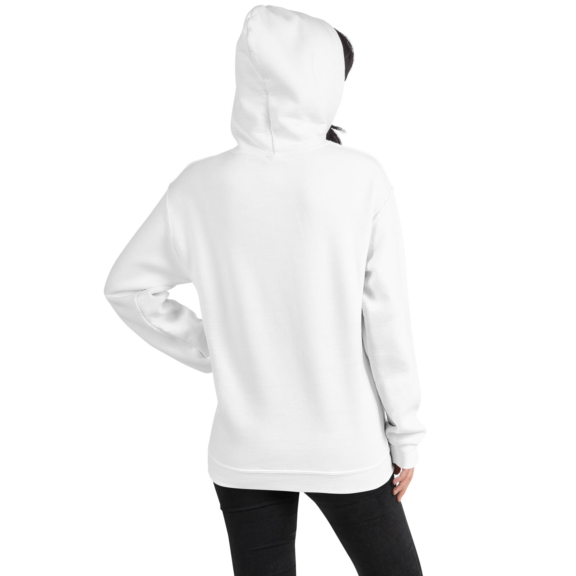 Hoodie unisex blanco, vista trasera con capucha y bolsillo canguro