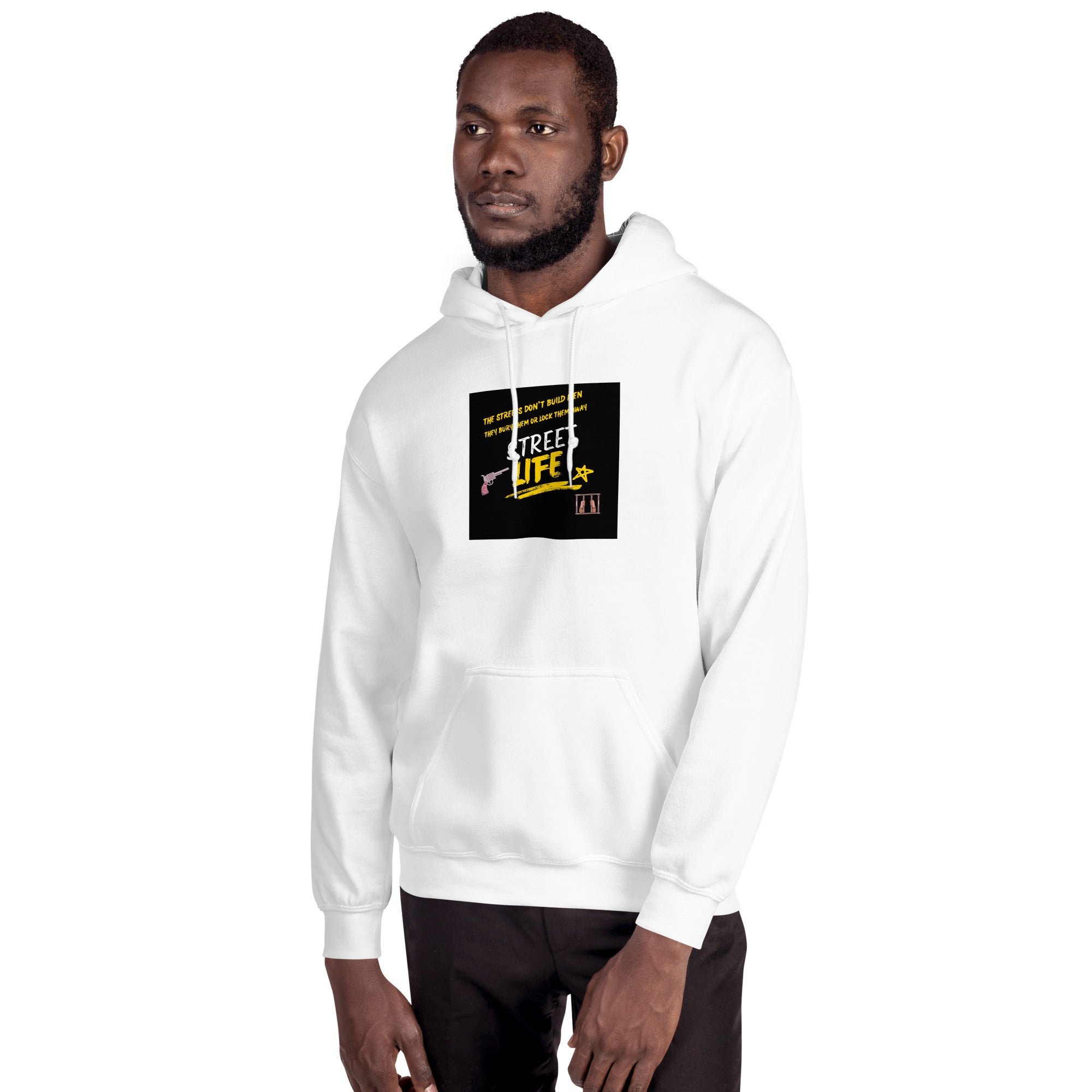 White unisex hoodie with chest graphic patch, front view with hood