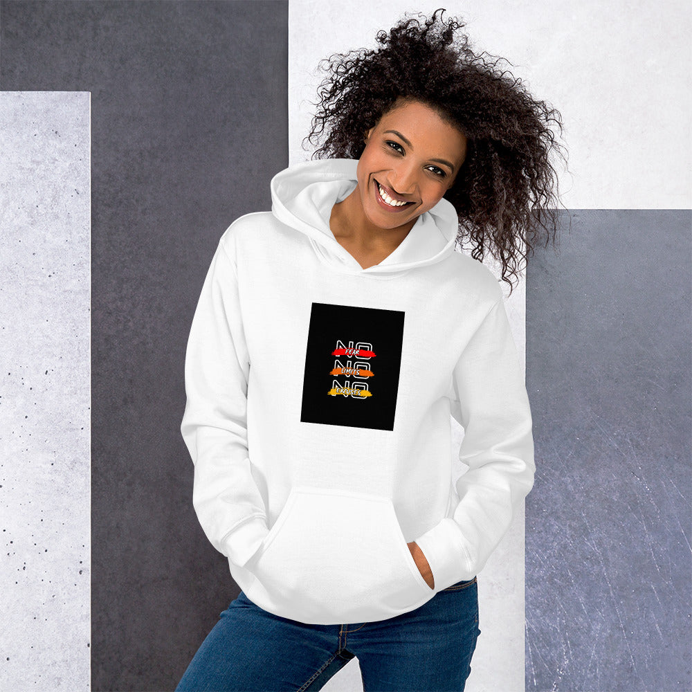 White unisex hoodie with kangaroo pocket and chest logo graphic