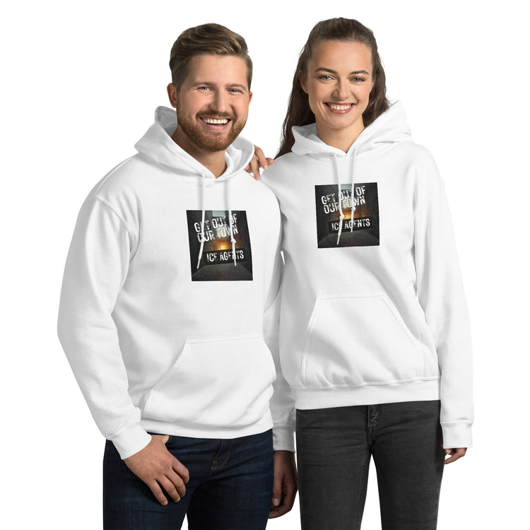 Unisex hoodie, white with front square graphic print and kangaroo pocket