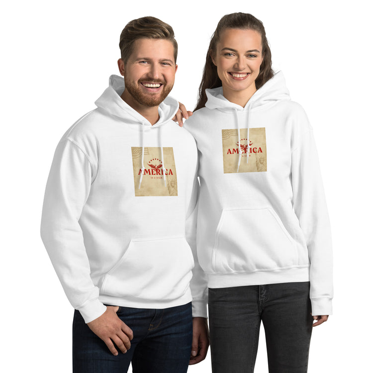 White unisex hoodie with front pocket, drawstring hood, gold square graphic print.