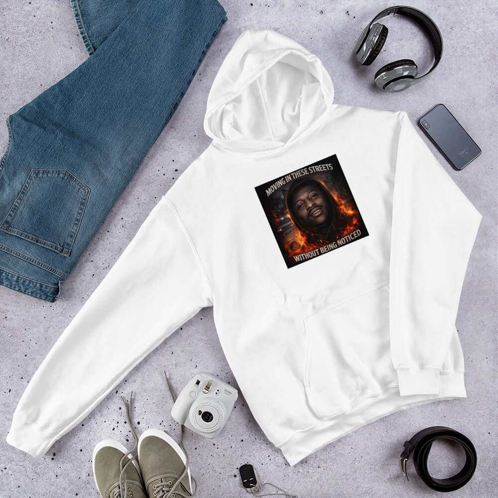 White unisex hoodie with kangaroo pocket, front hood, and chest graphic