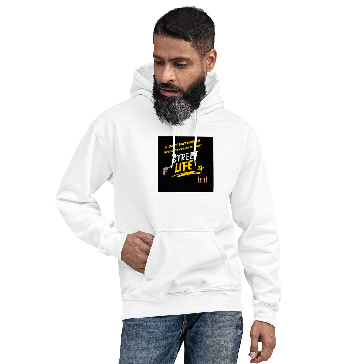 White unisex pullover hoodie with hood, kangaroo pocket, and front graphic patch