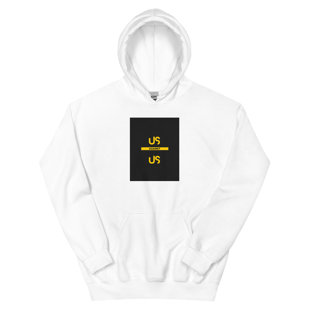 Unisex white pullover hoodie with yellow “US” chest graphic and front pouch pocket