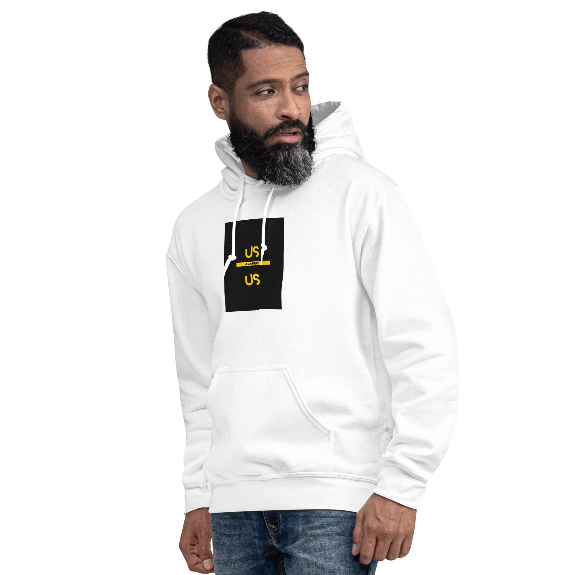White unisex hoodie with hood, drawstrings, front kangaroo pocket, chest logo graphic