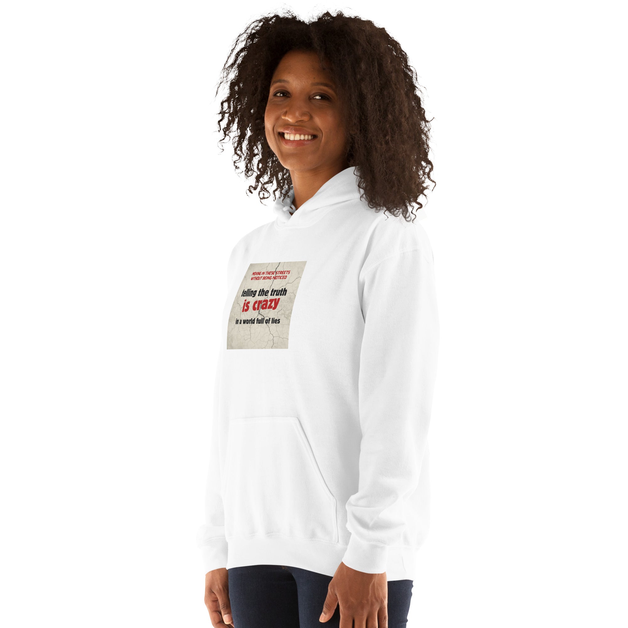 White unisex hoodie with chest graphic, angled front view