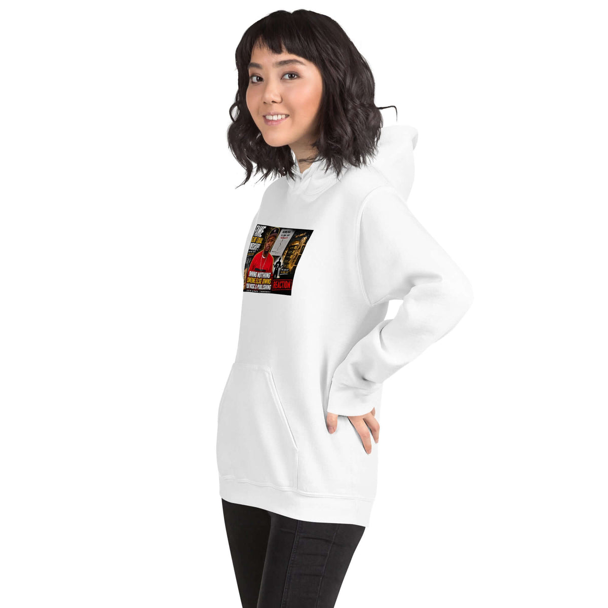 White pullover hoodie with front graphic print and kangaroo pocket