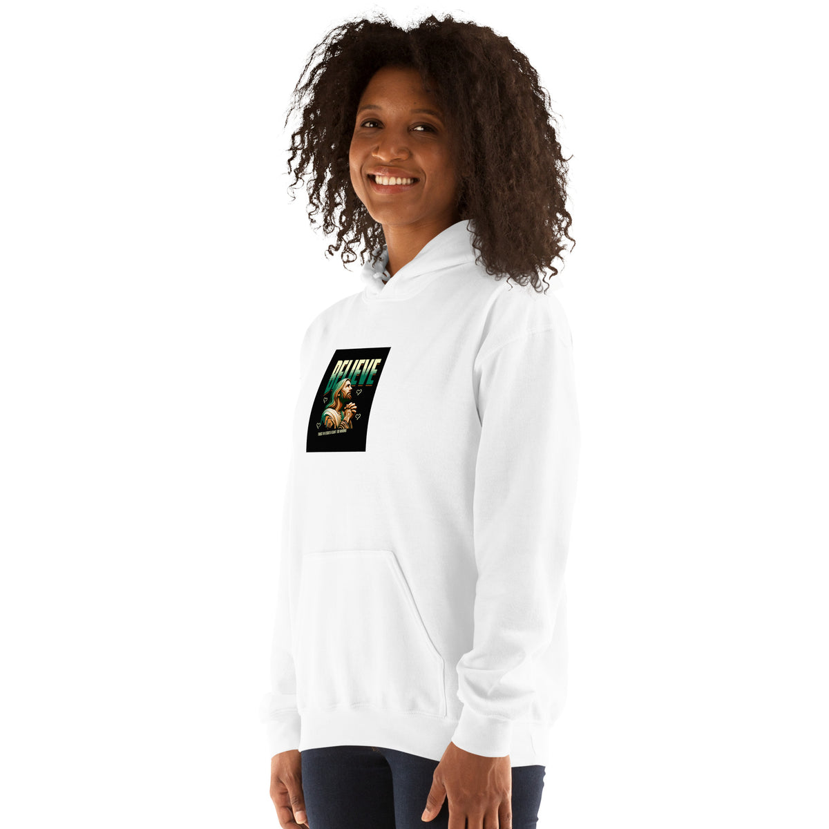 White pullover hoodie with hood and chest graphic logo, front three-quarter view