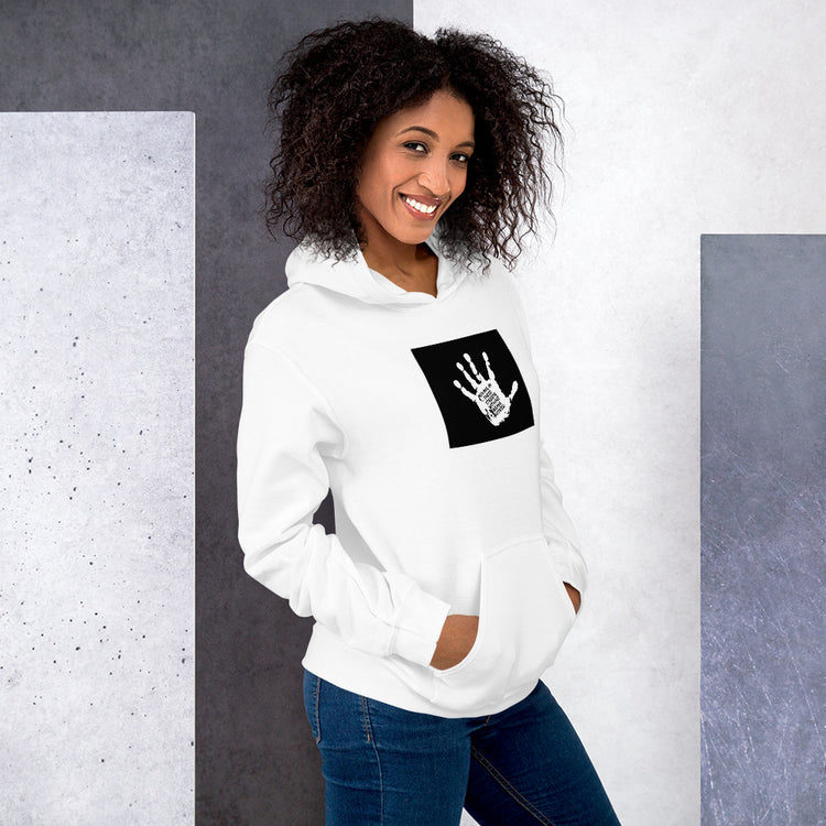 White unisex hoodie with black chest graphic and hood