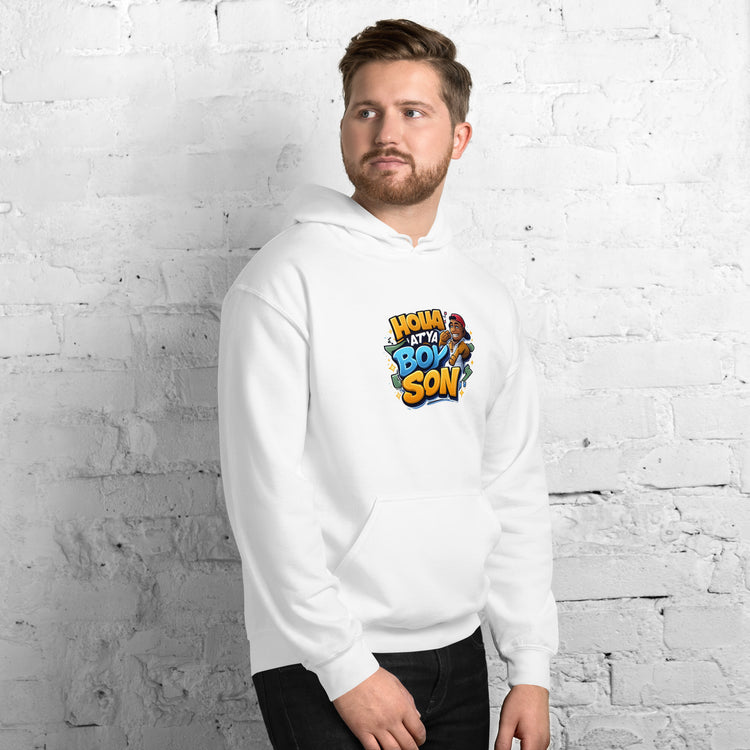 White unisex hoodie with colorful front graphic and kangaroo pocket, relaxed fit